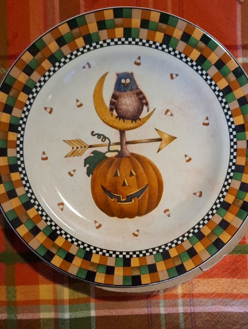 Vintage 1990s Debbie Mumm Halloween Orange Plaid Cat Salad Plates - Set of 4 - Picture 4 of 6